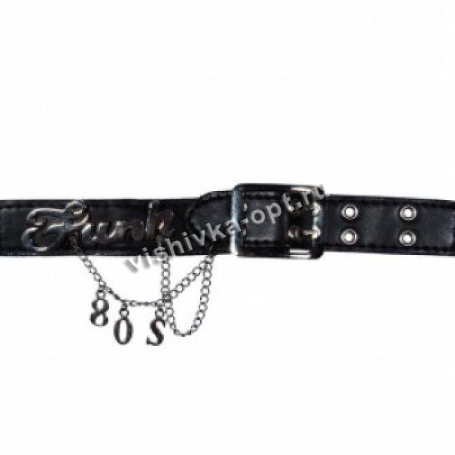 Нашивка-ремешок кожзам BG-5711 с люверсами, цепочкой, подвесками и металлической пряжкой, 20,5*2,5см (1шт) цвет:075-черный